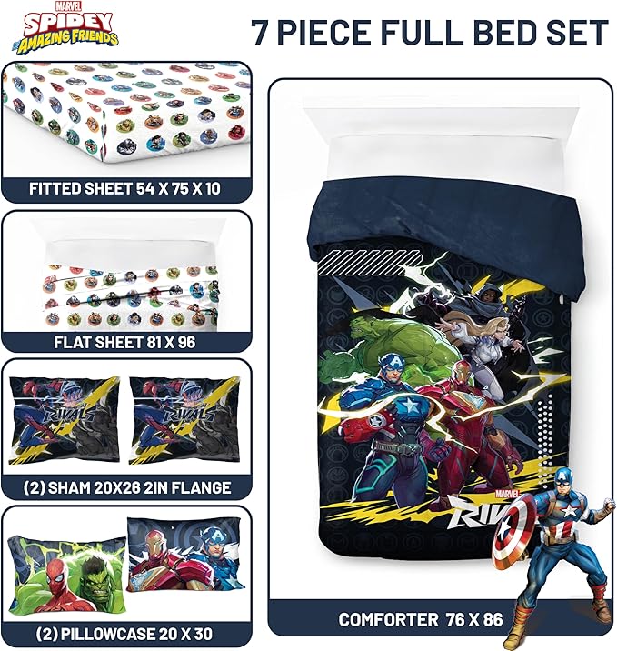 Jay Franco Kids Comforter Set Includes Sheets and Pillow Covers - Soft and Cozy Bed Set for Stylish Room Decor, Official Licensed Bedding, Multi - Marvel Rivals, 7 Piece Full