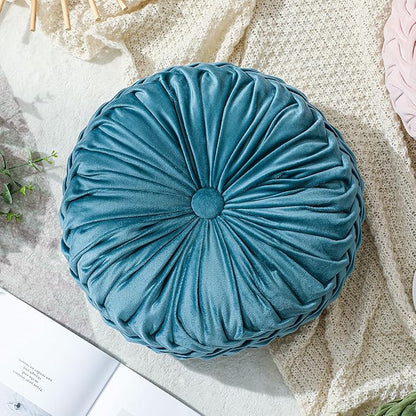 1 Pcs Round Throw Pillows Decorative Velvet Pleated Throw Pillows 15'' Diameter Accent Pumpkin Boho Chair Cushion for Couch Sofa Chair Bed Home Decoration (Dusty Blue)