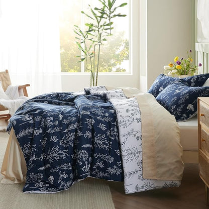 Bedsure Queen Comforter Set - Navy Bed Set, 3 Pieces Cute Floral Bedding, 1 Soft Reversible Botanical Flowers Comforter and 2 Pillow Shams