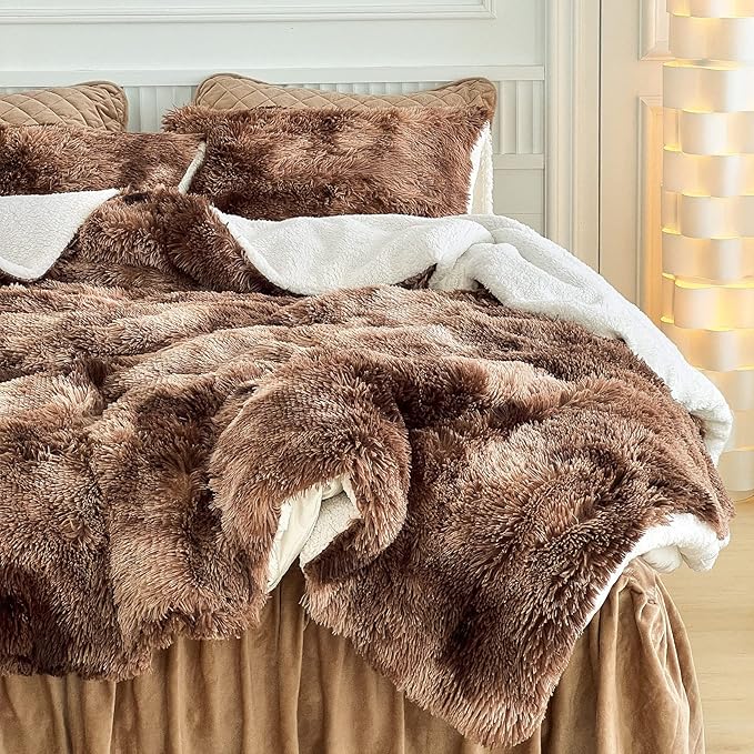 Luxury Faux Fur Shaggy Comforter Set Full/Queen Size, Plush & Sherpa Reversible Comforter Tie Dye Coffee, 3 Pieces Fluffy Fuzzy Bedding Set Ultra Soft and Warm for Winter (1 Comforter + 2 Pillowcases)