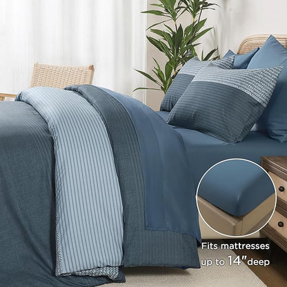 Andency California King Comforter Set Haze Blue - 7 Pieces Striped Lightweight Bed in a Bag, Soft Microfiber Reversible Bedding Set with Comforter, Fitted & Flat Sheet, Pillowcases & Shams