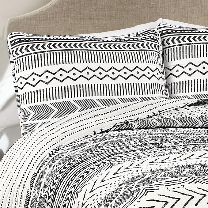 Lush Decor Hygge Geo Pattern Striped 3 Piece Quilt Bedding Set, Full/Queen, Black & White