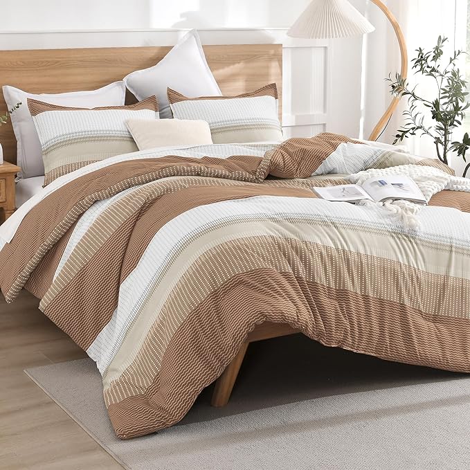 Litanika Beige King Size Comforter Set - 3 Pieces Lightweight Taupe Khaki White Colorblock Stripe Fluffy Bedding Comforter Sets, All Season Bed Set