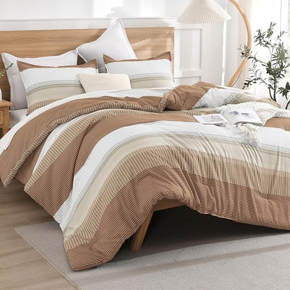 Litanika Beige King Size Comforter Set - 3 Pieces Lightweight Taupe Khaki White Colorblock Stripe Fluffy Bedding Comforter Sets, All Season Bed Set