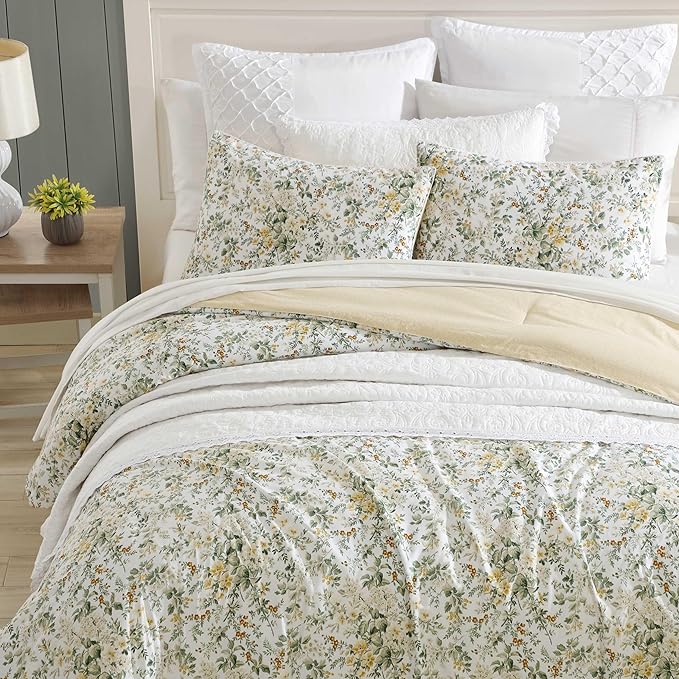 Laura Ashley - Twin Comforter Set, Soft Cotton Bedding with Matching Shams, Floral Home Decor, Oeko-Tex Certified (Country Meadow Gold, Twin)