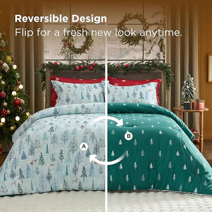 Bedsure Christmas King Comforter Set - 5 Pieces Christmas Bedding Set, King Bed in a Bag with 1 Soft Green Tree Reversible Comforter, 2 Pillow Shams, 1 Throw Blanket and 1 Decorative