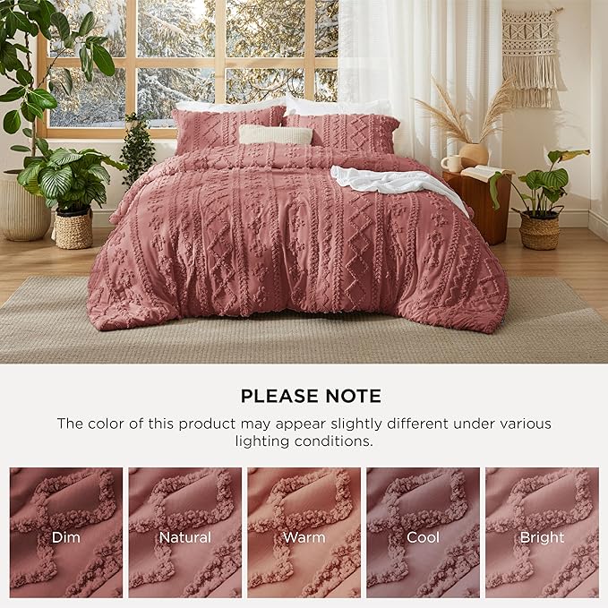 Bedsure Tufted Boho Comforter Set Queen Size - Grayish Pink Boho Bed Set, GentleSoft™ 3 Pieces Farmhouse Shabby Chic Embroidery Bedding, Gifts for Woman, Soft Jacquard Queen Comforter for All Seasons