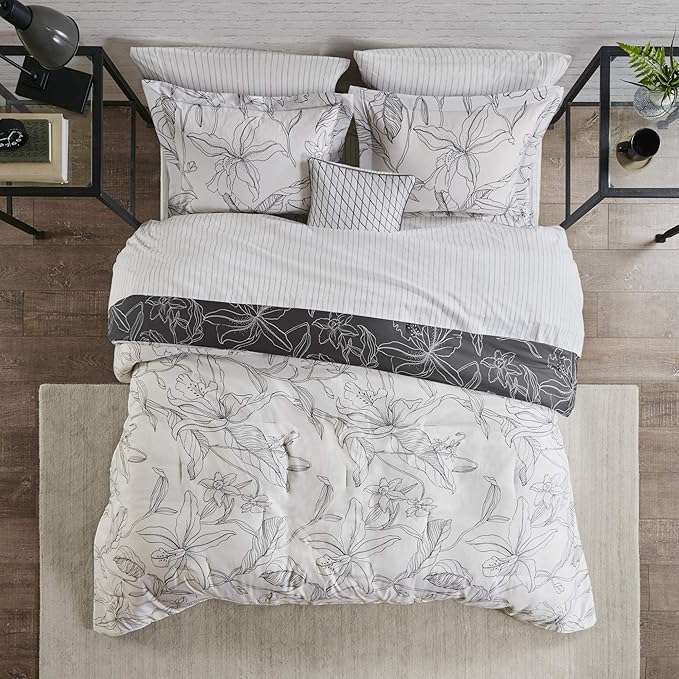 Madison Park Essentials Cozy Bed In A Bag Comforter with Complete Cotton Sheet Set - Trendy Floral Design All Season Cover, Decorative Pillow, Full(78"x86"), White/Charcoal 9 Piece