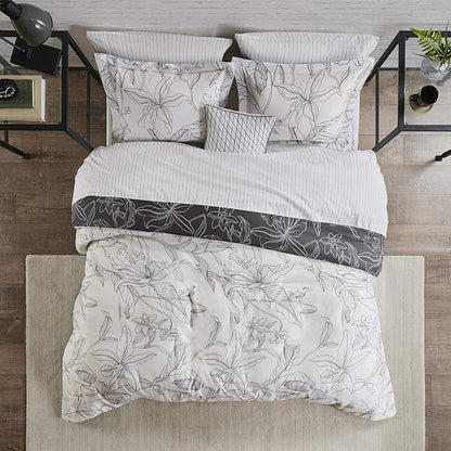 Madison Park Essentials Cozy Bed In A Bag Comforter with Complete Cotton Sheet Set - Trendy Floral Design All Season Cover, Decorative Pillow, Full(78"x86"), White/Charcoal 9 Piece