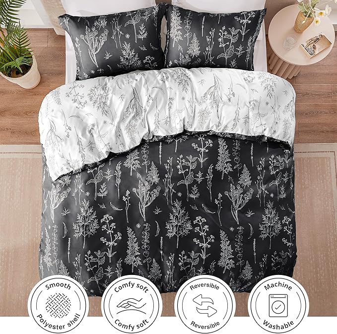 Love's cabin Black Full Size Comforter Set - Full Comforter Set, 3 Pieces Cute Floral Bedding Sets for All Seasons,1 Soft Reversible Botanical Flowers Comforter and 2 Pillow Shams