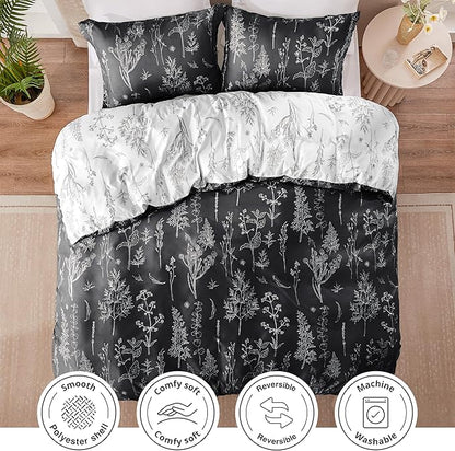 Love's cabin Black Full Size Comforter Set - Full Comforter Set, 3 Pieces Cute Floral Bedding Sets for All Seasons,1 Soft Reversible Botanical Flowers Comforter and 2 Pillow Shams