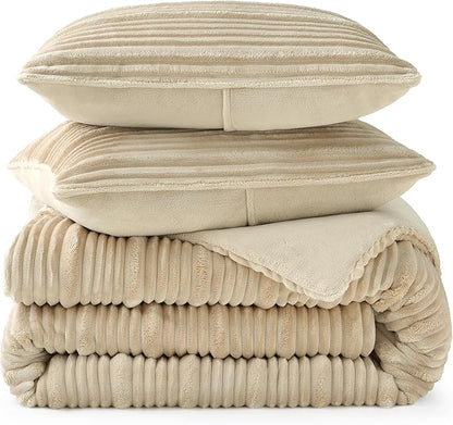 Amélie Home High-End Fleece Queen Comforter Set,Cozy Warm Striped Plush Bedding Set for Winter, 3 Pieces, 1 Cozy Comforter with 2 Pillowcases, Beige, 90"x90"