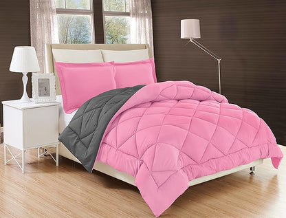 Elegant Comfort Goose Down Alternative -Diamond-Stitched- Quilted 3-Piece Reversible Comforter Set/Duvet Insert Soft Bedding-Medium Warmth for All Seasons, Full/Queen, Pink/Grey