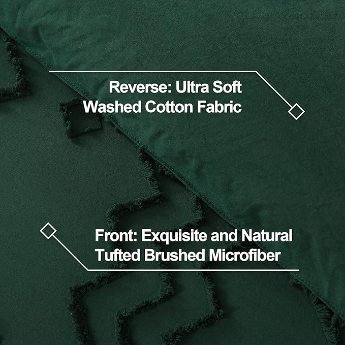 Andency King Size Comforter Set, 3 Pieces Dark Emerald Green Boho Tufted Geometric Shabby Chic Bedding, Soft Fluffy Farmhouse Bed Set, Jacquard Textured Comforter for All Season (104x90 Inch)