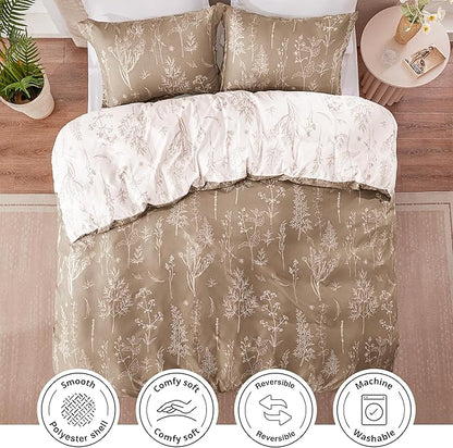 Love's cabin Light Taupe Full Comforter Set - Full Size Comforter Set, 3 Pieces Cute Floral Bedding Sets for All Seasons,1 Soft Reversible Botanical Flowers Comforter and 2 Pillow Shams