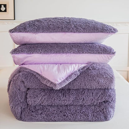 chovy Faux Fur Plush Purple Comforter Sets King - Ultra Soft Shaggy Flannel Velvet Fluffy Fuzzy 3PC Bedding Set (Comforter x 1 Pillowcases x 2)