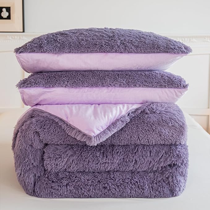 chovy Faux Fur Plush Purple Comforter Sets Queen - Ultra Soft Shaggy Flannel Velvet Fluffy Fuzzy 3PC Bedding Set （Comforter x 1 Pillowcases x 2）