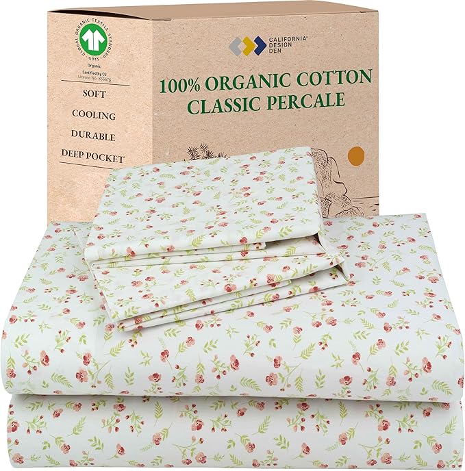 California Design Den Cal King Floral Sheet Set, 100% Organic Cotton Percale Sheets, Deep Pocket California King Sheets & Pillowcase Set - Floral