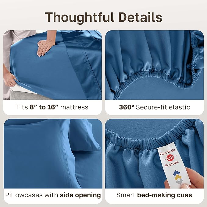 California Design Den Natural 100% Cotton Bed Sheets Full Size Set - Luxury 600 Thread Count Sateen, Hotel Quality Cooling Sheets, Fully Elasticized Deep Pockets, Crisp and Durable - Parisian Blue
