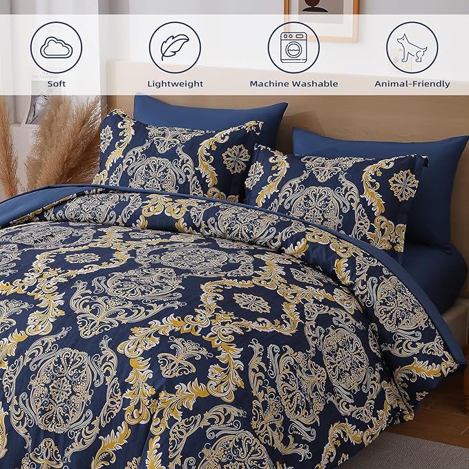 WONGS BEDDING Blue Gold Comforter Set King Size, Damask Texture 7 Pieces Bed in a Bag Microfiber Comforter Bedding Sets -1 Comforter, 1 Flat Sheet, 1 Fitted Sheet, 2 Pillow Shams, 2 Pillowcases