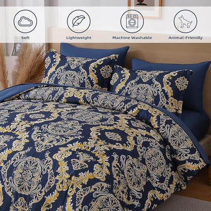 WONGS BEDDING Blue Gold Comforter Set Queen Size,Damask Texture 7 Pieces Bed in a Bag Microfiber Comforter Bedding Sets -1 Comforter, 1 Flat Sheet, 1 Fitted Sheet, 2 Pillow Shams, 2 Pillowcases