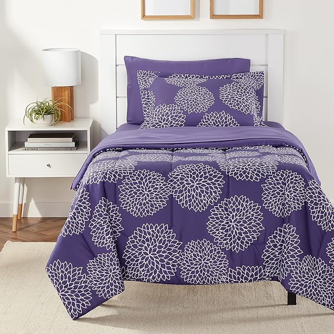Amazon Basics 5-Piece Lightweight Microfiber Comforter Set with Sheets, Bed-in-a-Bag, Purple Floral Bedding, Twin/Twin XL