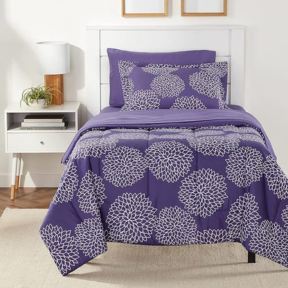 Amazon Basics 5-Piece Lightweight Microfiber Comforter Set with Sheets, Bed-in-a-Bag, Purple Floral Bedding, Twin/Twin XL