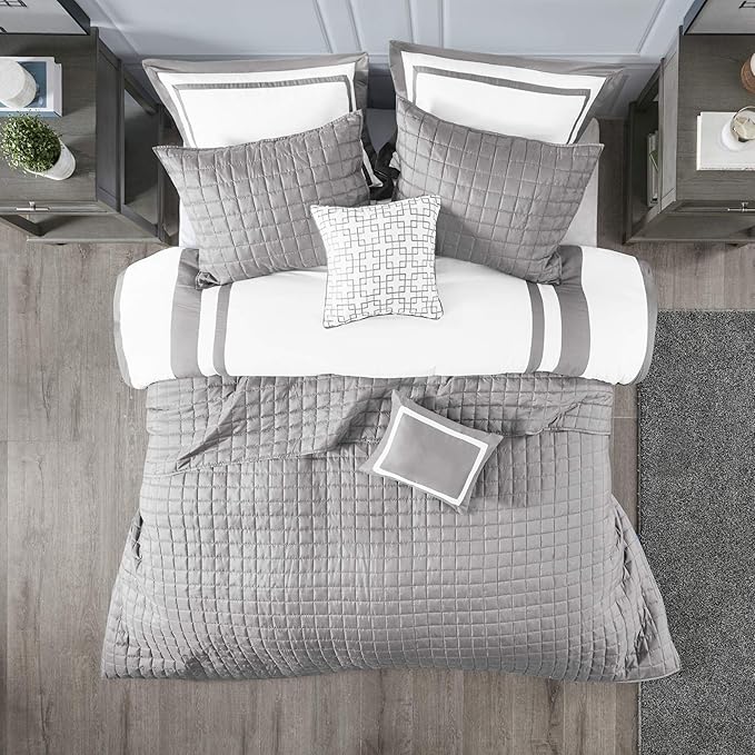 Madison Park Heritage Comforter Quilt Combo Set - Modern Luxury Design, All Season Down Alternative Bedding, Matching Shams, Decorative Pillows, King/Cal King(104"x92"), Color Block Grey 8 Piece