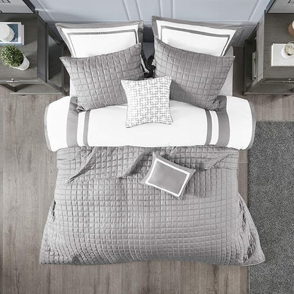 Madison Park Heritage Comforter Quilt Combo Set - Modern Luxury Design, All Season Down Alternative Bedding, Matching Shams, Decorative Pillows, King/Cal King(104"x92"), Color Block Grey 8 Piece