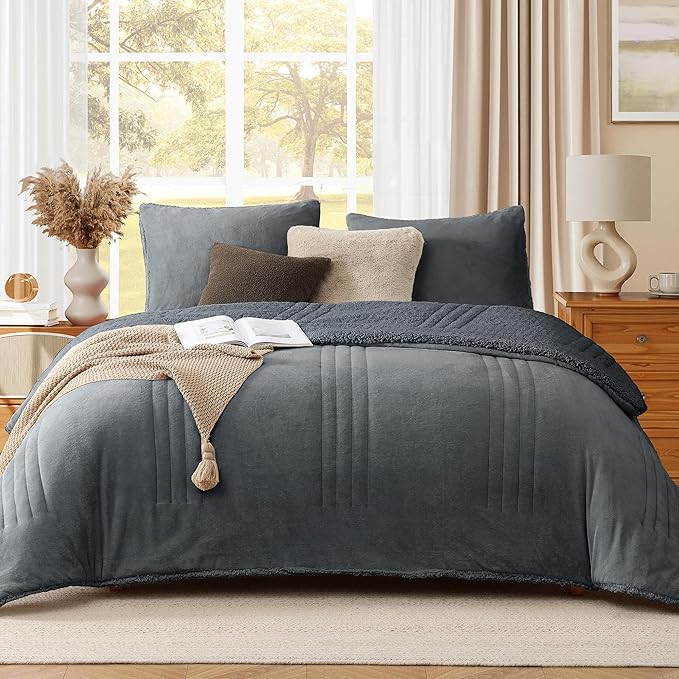Monbix Fluffy Full Comforter Set Blue Grey, Sherpa Plush Fuzzy Comforter 3 Piece for Full Size Bed, Luxury Soft Winter Warm Bedding Set