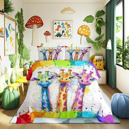 Manfei Watercolor Giraffe Comforter Set for Kids Adults,Rainbow Paint Graffiti African Wildlife Bedding Comforter Sets Toddler,Hand Drawm Animals Cartoon Quilt Comforter with 1 Pillowcase
