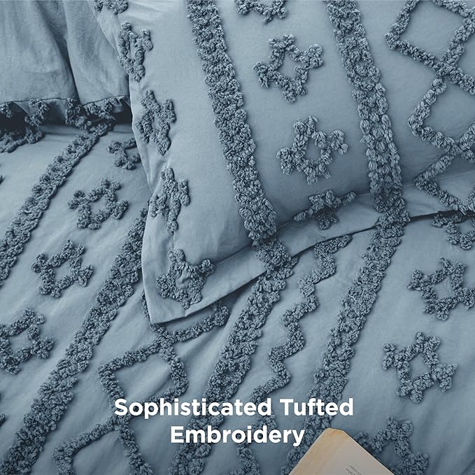 Bedsure Tufted Boho Comforter Set King Size - Grayish Blue Boho Bed Set, GentleSoft™ 3 Pieces Farmhouse Shabby Chic Embroidery Bedding, Gifts for Woman, Soft Jacquard King Comforter for All Seasons