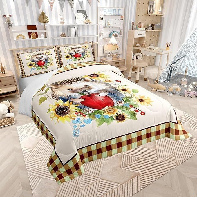 Cartoon Hedgehog Boys Girls Comforter Set Full Size,Fall Sunflower Leaves Duvet Set Teens Bedroom Decor,Autumn Harvest Thanksgiving Microfiber Soft Bedding