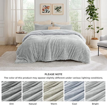 Bedsure Twin/Twin XL Comforter Set - GentleSoft™ 2 Pieces Fluffy Double-Side Fleece Comforter Set, Cozy Striped Room Decor Aesthetic, Luxury Light Grey Twin Bedding with 1 Pillowcase, 68x88 Inches