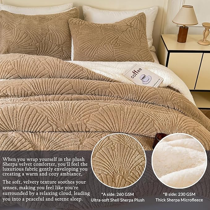 Seashell Jacquard Sherpa Comforter Set Warm Cozy Premium Bedding 3 Pieces, Full/Queen Size Geometric Pattern Quilt Comforter with 2 Pillowcases(90"X90" Beige)