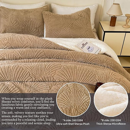 Seashell Jacquard Sherpa Comforter Set Warm Cozy Premium Bedding 3 Pieces, King Size Geometric Pattern Quilt Comforter with 2 Pillowcases(104"X90" Beige)