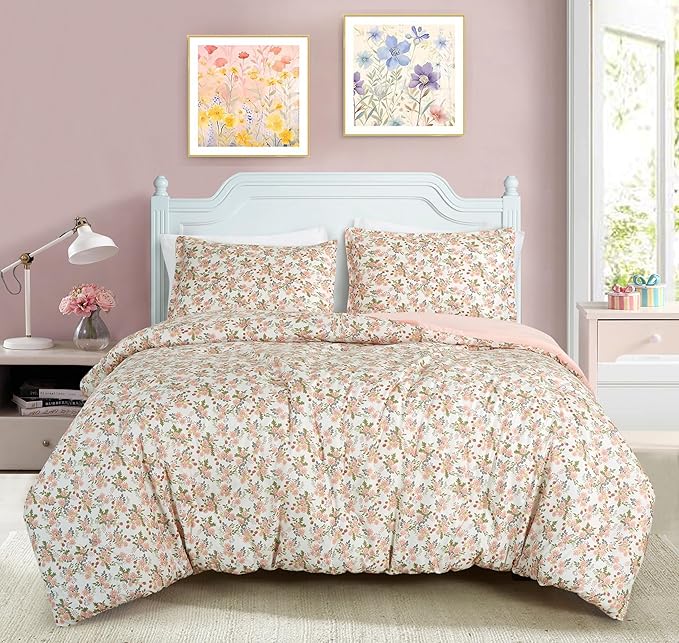 Chezmoi Collection Winika 2-Piece Floral Comforter Set Twin - Multicolor Pink Red Green Gray Floral Flowers Printed Microfiber Lightweight Bedding Set for All Season