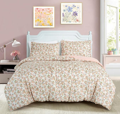 Chezmoi Collection Winika 3-Piece Floral Comforter Set King - Multicolor Pink Red Green Gray Floral Flowers Printed Microfiber Lightweight Bedding Set for All Season