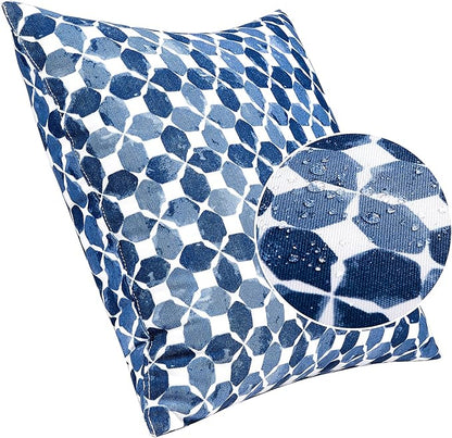 JMGBird Waterproof Outdoor Pillows Set of 2, 18x18 inch Weather Resistant White with Diamond Blue Petal Pattern Throw Pillows with Inserts for Patio Furniture