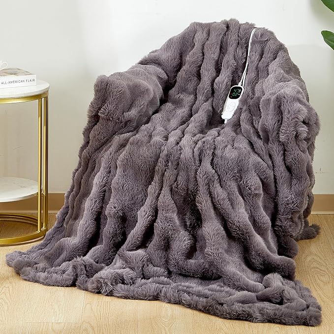 Heated Blanket Electric Throw - Soft Cozy Faux Fur Bubble Electric Blankets with 6 Time Settings, 8 Heating Levels, Fast Heating & Overheat Protection, Machine Washable (59" x 79", Gray)