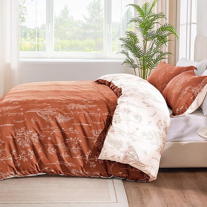 Love's cabin Terracotta Comforter Set Queen - Queen Size Comforter Set, 3 Pieces Cute Floral Bedding Sets for All Seasons,1 Soft Reversible Botanical Flowers Comforter and 2 Pillow Shams