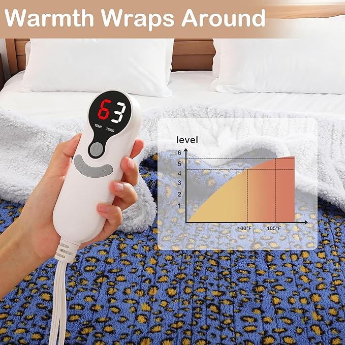 Electric Heated Blanket Throw Size 50"×60" with 9 Heating Levels & 1-10 Hs auto Off, Heating Throw Double Sided Sherpa, Energy Efficient, Machine Washable, Leopard Print Blue & Yellow