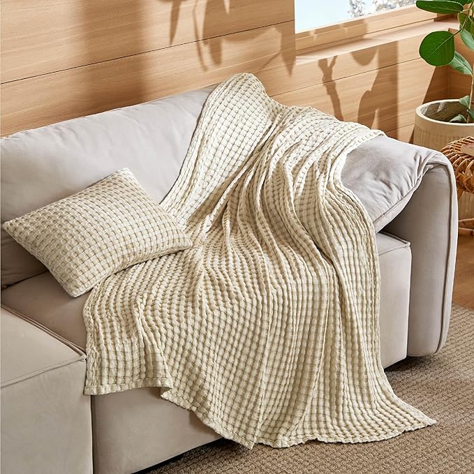 Bedsure 5 Pieces Cotton Comforter Set with Cotton Waffle Throw Blanket - Olive Green Queen Comforter, Pillow Shams, Beige Cooling Blanket of Rayon Derived from Bamboo for Hot Sleepers, Throw Pillow