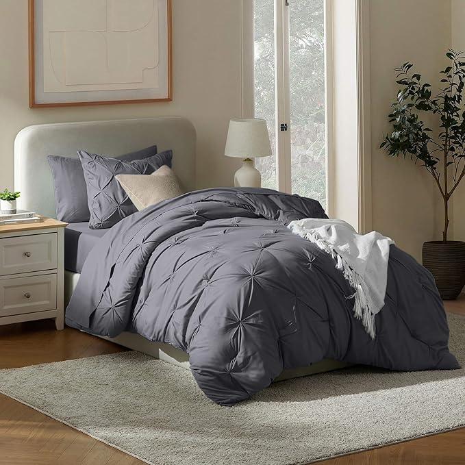 Nestl Twin Comforter Set 5 Piece - Pintuck Twin Bedding Set Dark Grey, College Dorm Room Essentials for Girls and Boys Bed in a Bag Twin All Season, Twin Comforter Set with Sheets, Pillowcase and Sham