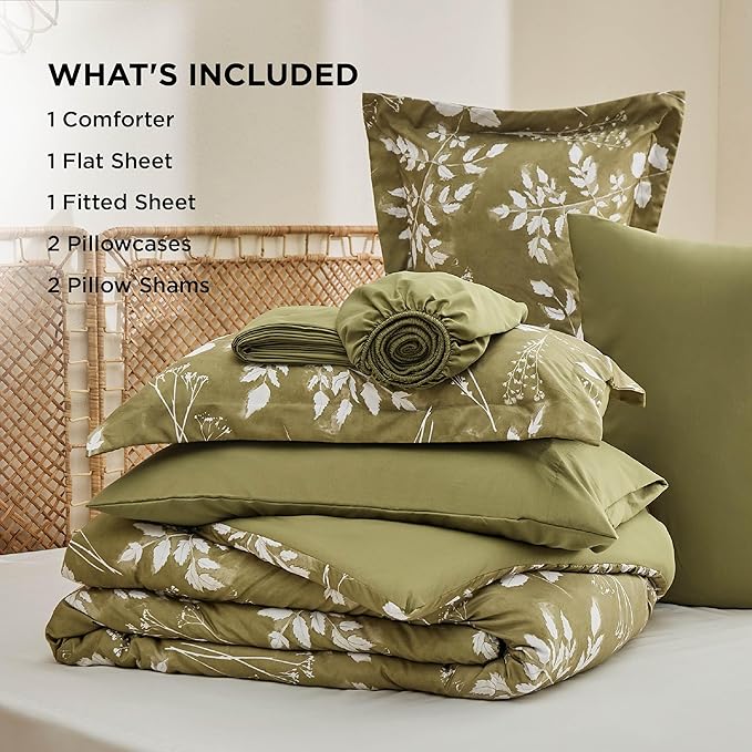 Bedsure Full Size Comforter Set - 7 Pieces Floral Olive Green Soft Bedding Sets, Full Bed in a Bag with Botanical Flowers Comforter, Sheets, Pillowcases & Shams