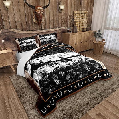Feelyou Western Aztec Comforter Set Toddler Size Horse Cowboy Bedding Set for Boys Men Kids Teens Rustic Western Decor Country Wild West Down Comforter Black and White Duvet Set with 1 Pillowcase