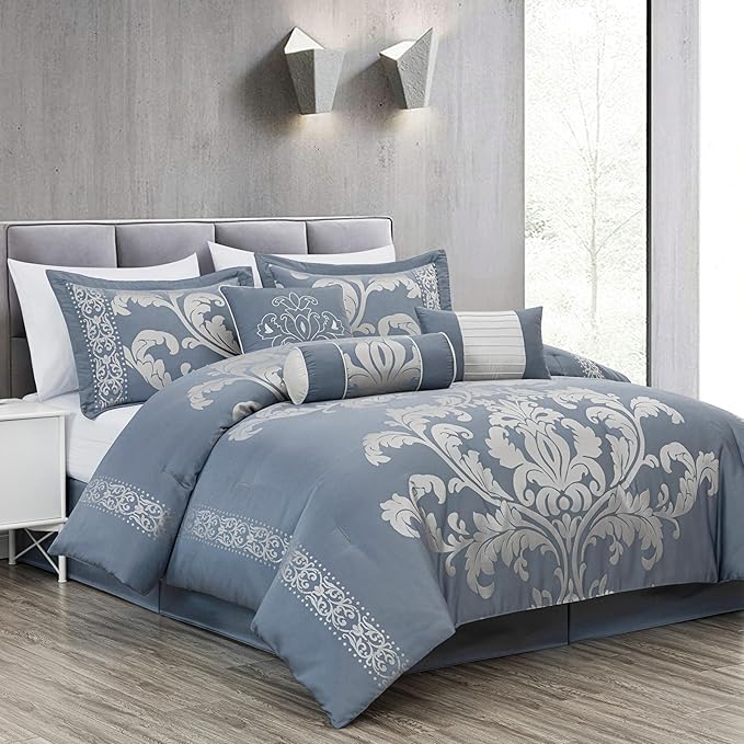 Chezmoi Collection Royale 7-Piece Jacquard Floral Comforter Set, Oversized King, Grayish Blue/Gray