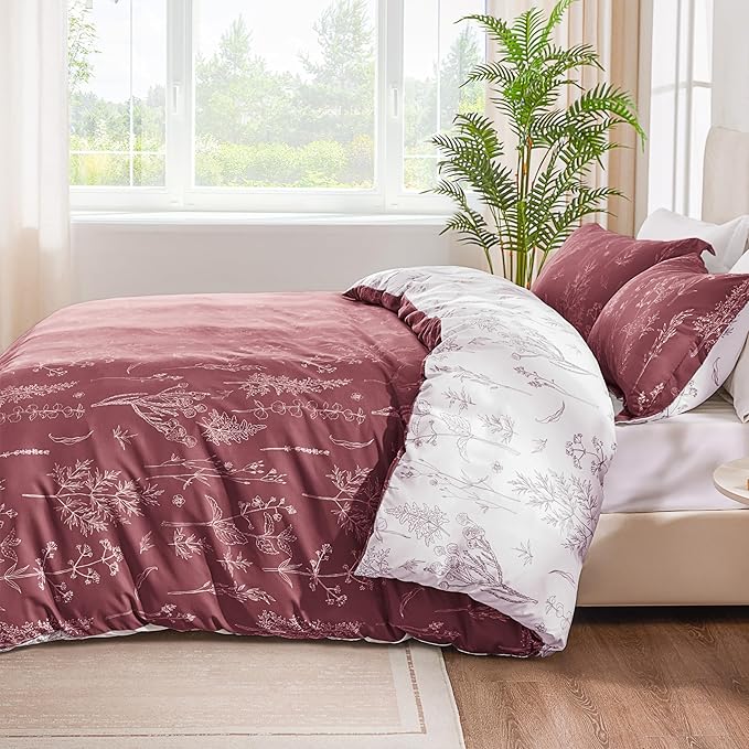 Love's cabin Vintage Rose Full Comforter Set - Full Size Comforter Set, 3 Pieces Cute Floral Bedding Sets for All Seasons,1 Soft Reversible Botanical Flowers Comforter and 2 Pillow Shams