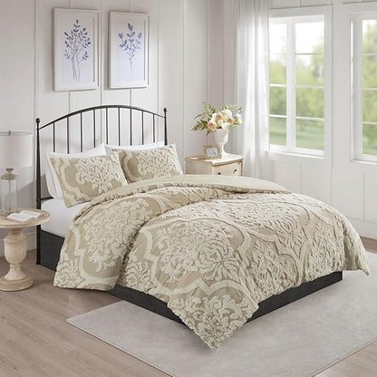 Madison Park Tufted Chenille Cotton Comforter All Season Bedding Set, Matching Shams, Full/Queen(90"x90"), Viola, Damask Taupe 3 Piece (MP10-7102)