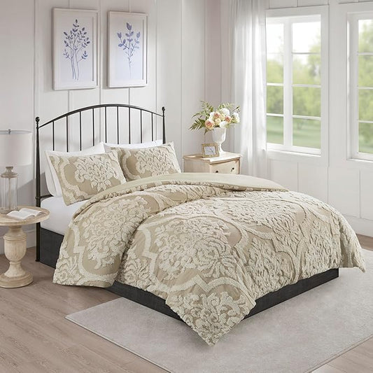 Madison Park Tufted Chenille Cotton Comforter All Season Bedding Set, Matching Shams, Full/Queen(90"x90"), Viola, Damask Taupe 3 Piece (MP10-7102)